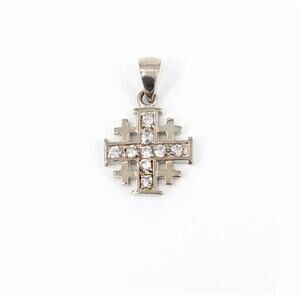 Vintage Jerusalem Cross Pendant 925 Silver Plated Rhinestones Crusader Christian